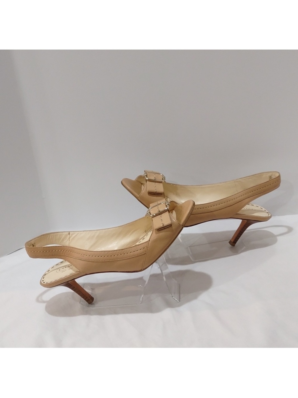 Coach Miranda Open Toe Nude Leather Slingback Heels with Silver Hardware